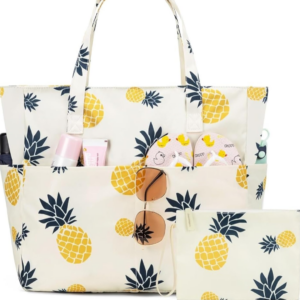 Yellow Pineapple Print Gab Tote Bag with Makeup Pouch for Women | Large Capacity Nylon Shoulder Bag for Travel, Office & Multipurpose Use