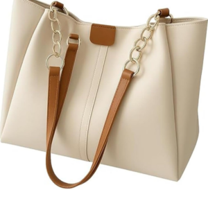 Beige PU Leather Shoulder Bag for Women | Elegant Tote with Chain Strap | Stylish Daily Use Purse for Office, College & Casual Outings